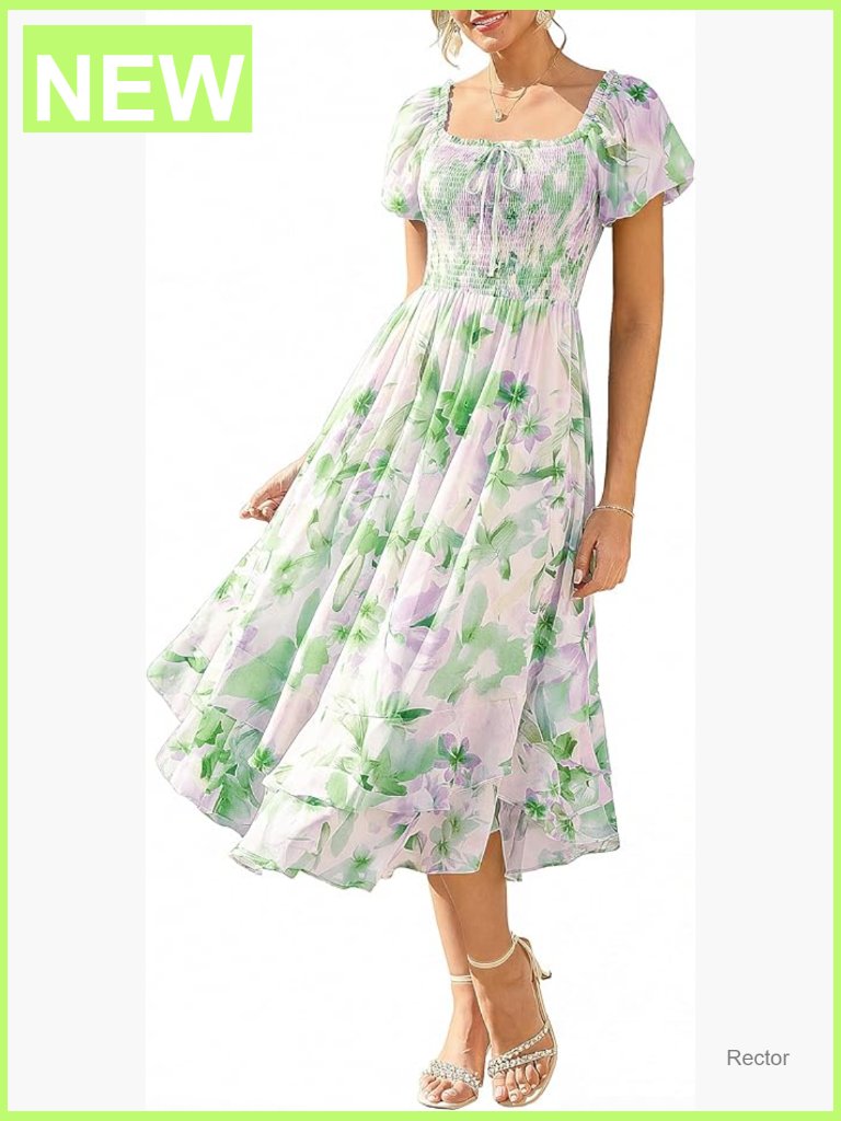 Women's Maxi Dress With Pockets Square Neck Puff Sleeve Flowy A-Line Tiered